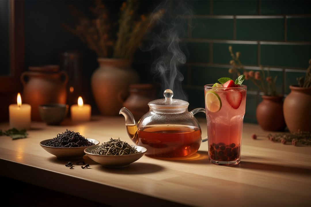 Loose leaf black and green tea in two small bowls beside a glass teapot and a tall glass of iced fruit tea with tapioca pearls.