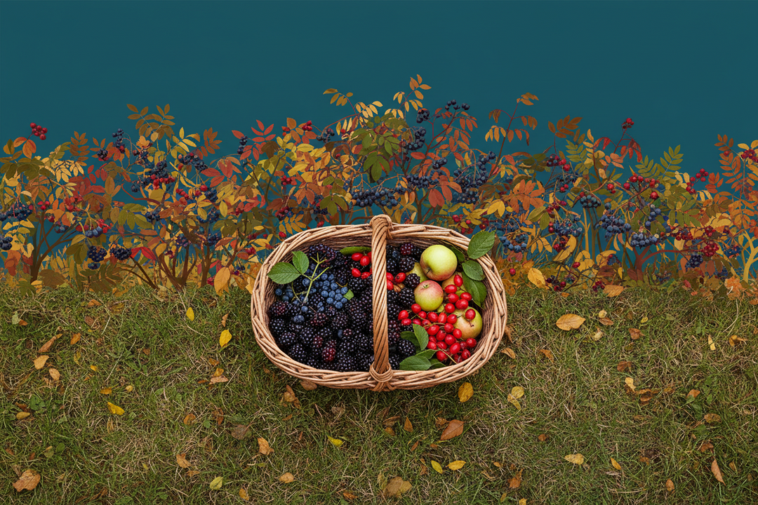 A wicker basket of freshly picked blackberries, elderberries and rosehips resting on grass beside a hedgerow in early autumn.