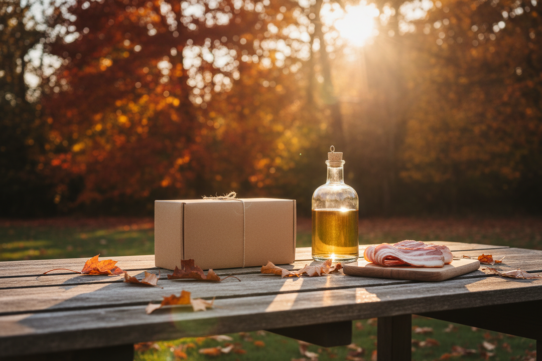 An empty kitchen worktop with a single plain kit box, a bottle of homemade gin and a few rashers of bacon on a board.