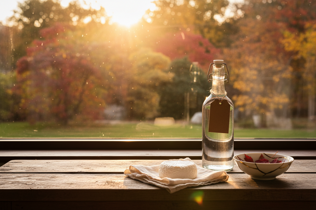A bottle of home made gin with a handwritten kraft tag, a round of fresh cheese on a cloth and a gold mended bowl on a windowsill.