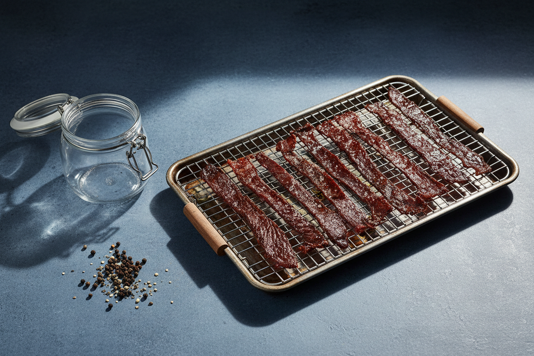 Strips of dried beef jerky cooling on a wire rack beside a glass storage jar.