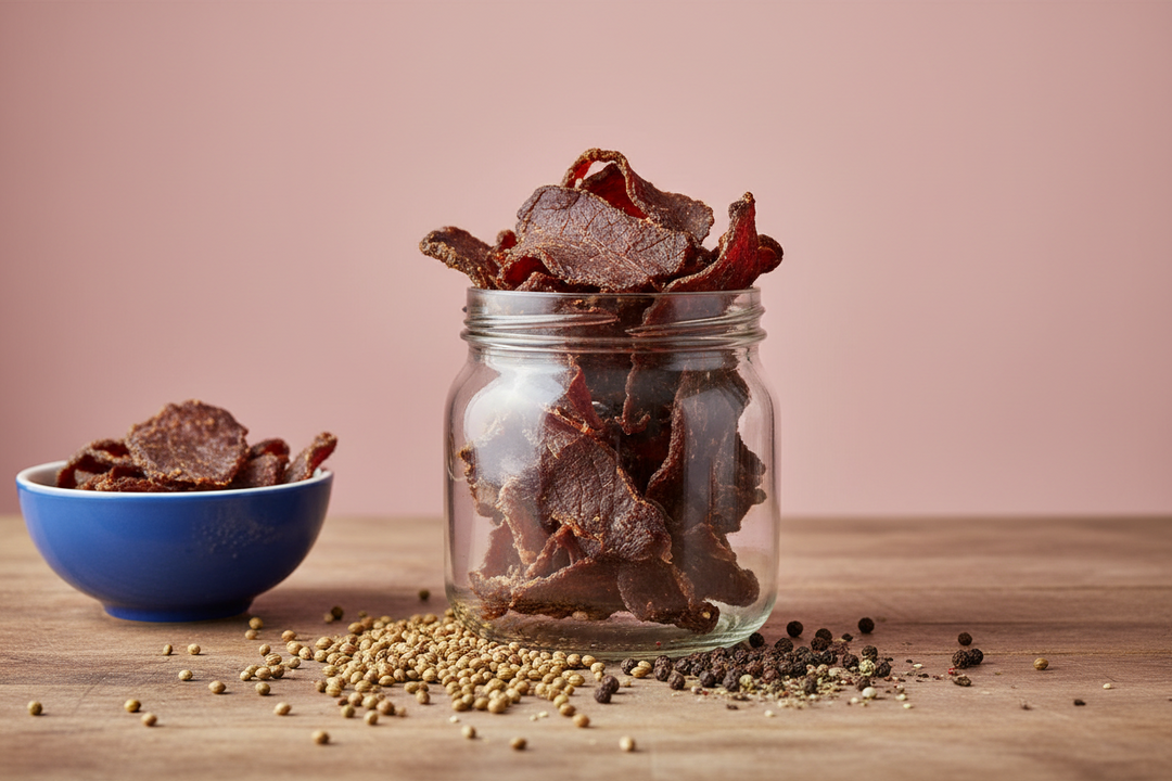 Strips of homemade beef jerky and biltong in a glass storage jar on a kitchen worktop with whole coriander seed and peppercorns scattered beside it.