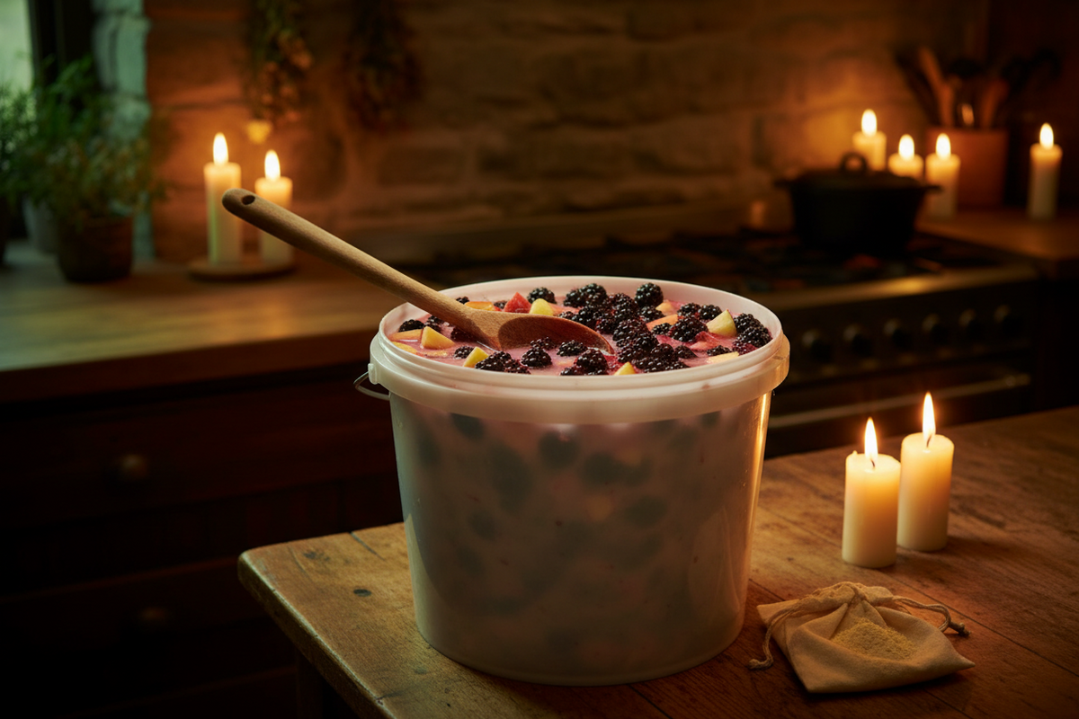 Crushed dark berries and chopped apples in a large plastic fermenting bucket, with a wooden spoon resting across the rim.