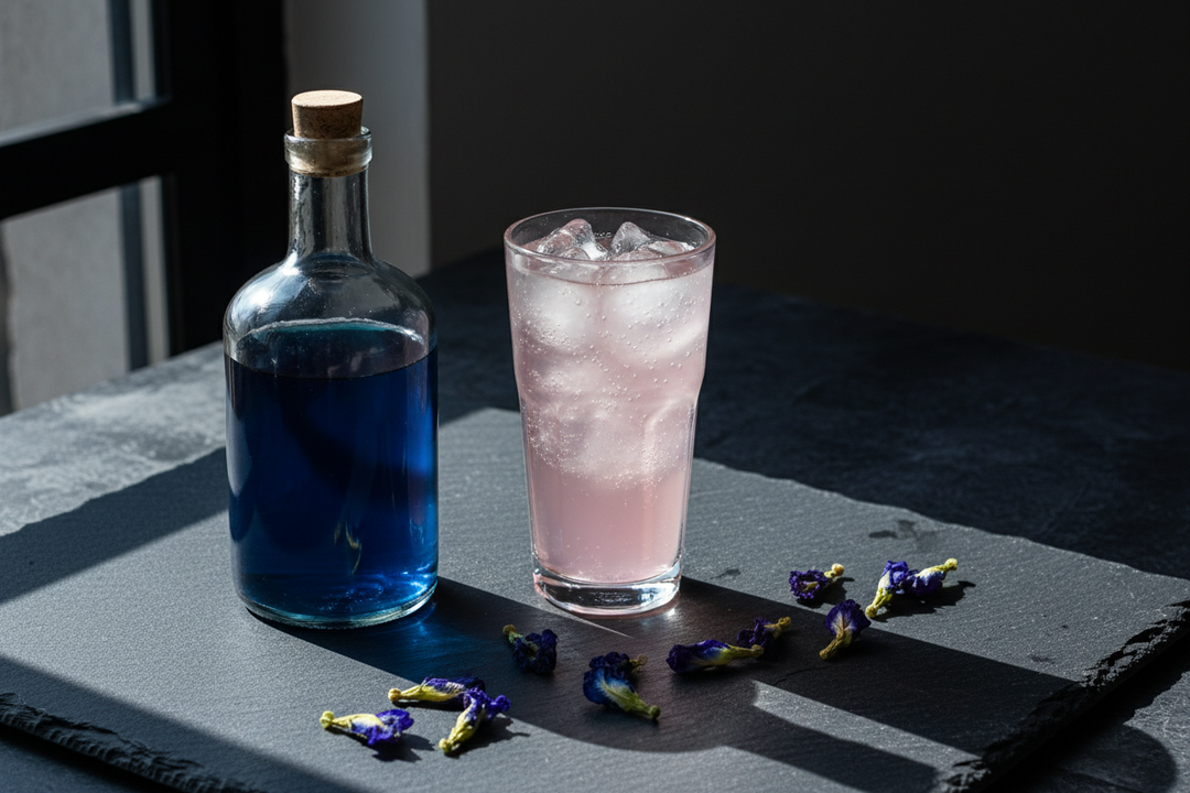 A bottle of deep blue homemade gin beside a glass where tonic has turned the drink pink, with dried blue pea flowers on the table.