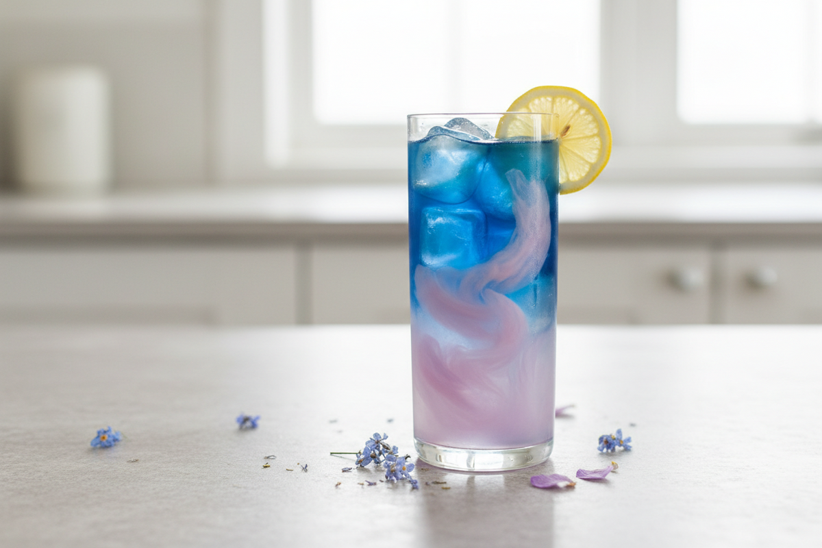 A tall glass of deep blue gin turning pink where tonic has been poured in, with ice and a lemon slice, on a dark worktop.