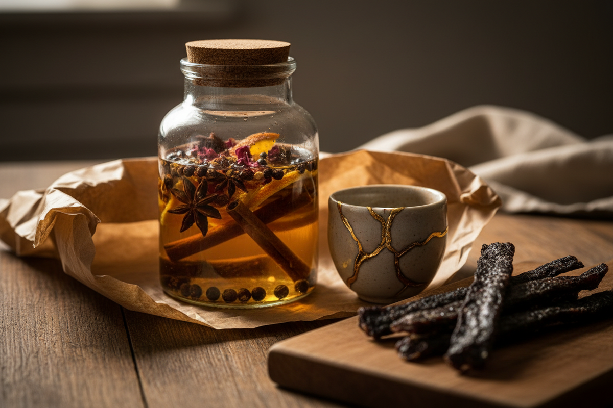 A brown parcel opened on a table revealing a jar of gin infusing, a gold mended cup and strips of dried biltong.