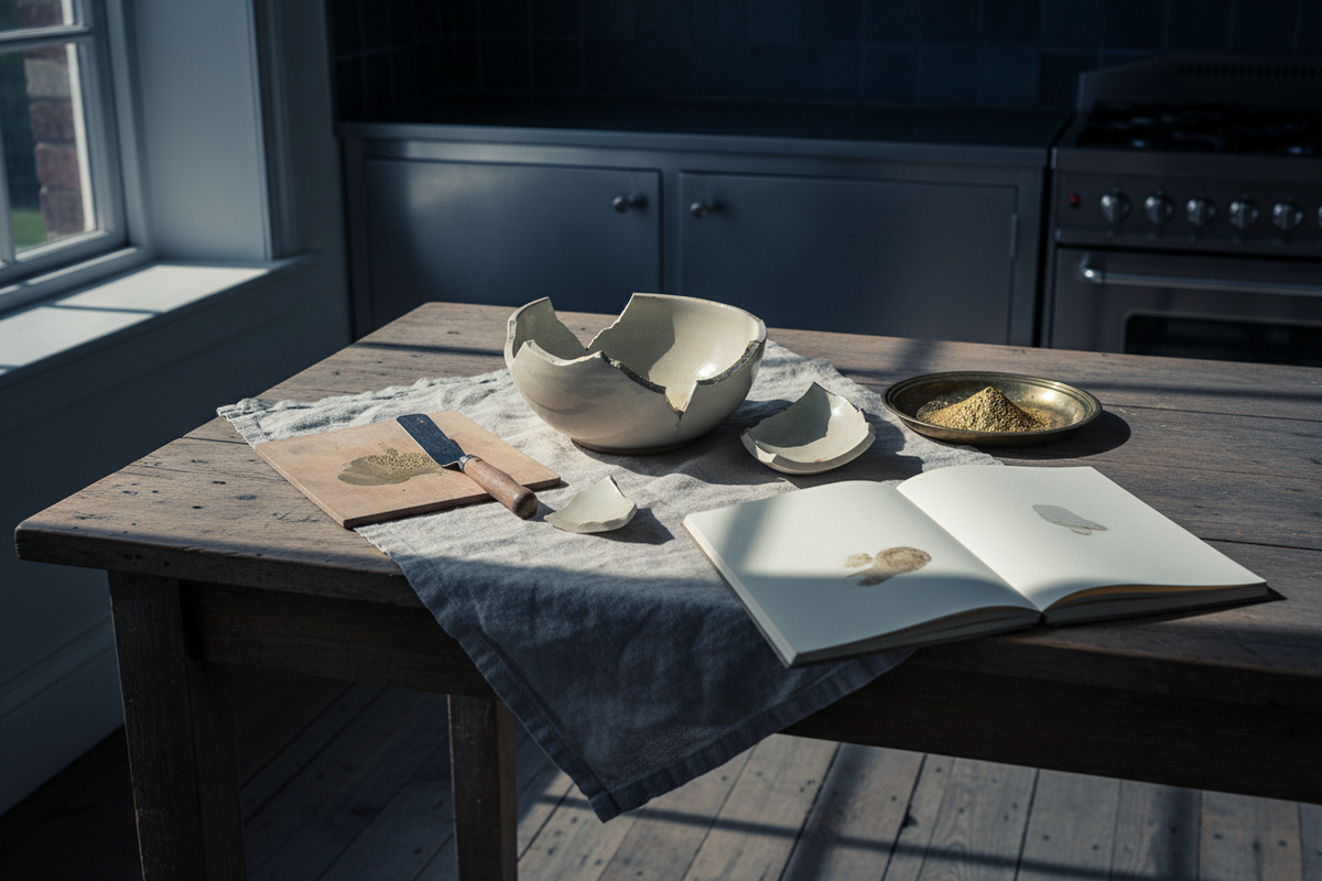 A broken bowl, a mixing card and a small dish of gold powder set out on a kitchen table beside an instruction booklet.