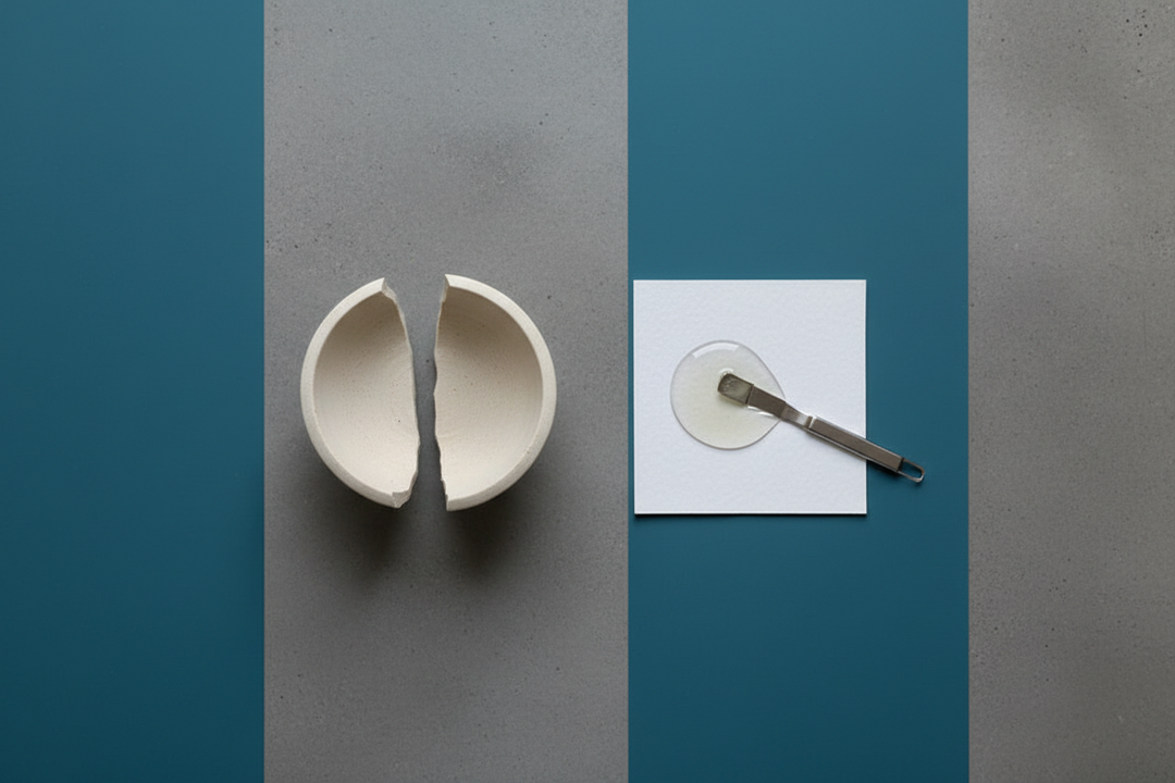 A hand sized ceramic bowl in two pieces on a work surface next to a mixing card with freshly mixed adhesive and a spreader.