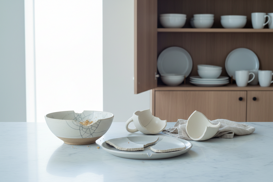 An open kitchen cupboard shelf with a chipped bowl, a cracked side plate and a broken mug set out on the counter in front of it.