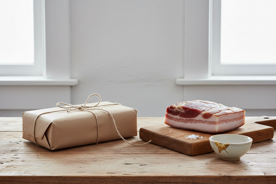 A plain brown parcel tied with string on a kitchen worktop next to a slab of cured pork belly and a small gold-repaired bowl.