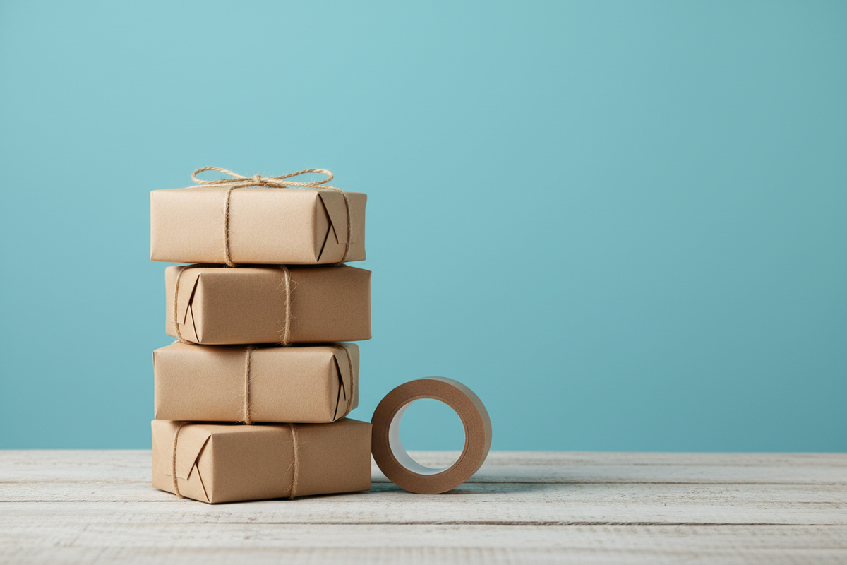 A stack of small parcels wrapped in brown paper and tied with string, ready for posting on a wooden table.