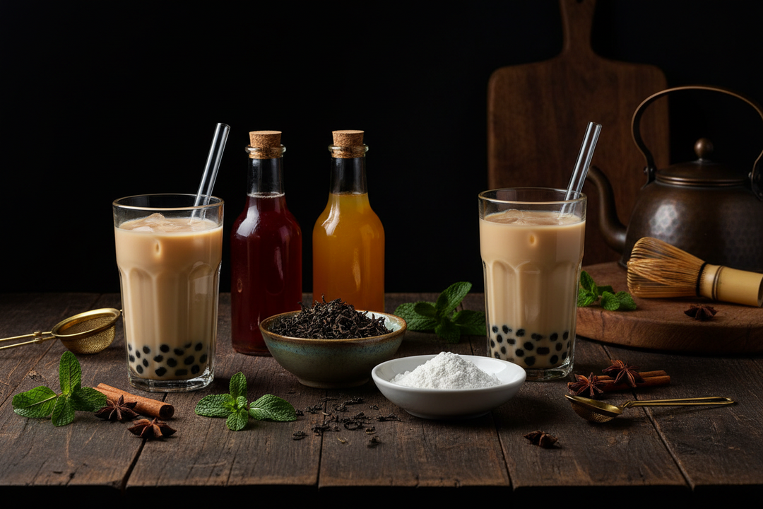 A bubble tea kit laid out on a worktop with loose leaf tea, tapioca starch, syrups and two finished glasses of iced milk tea with pearls.