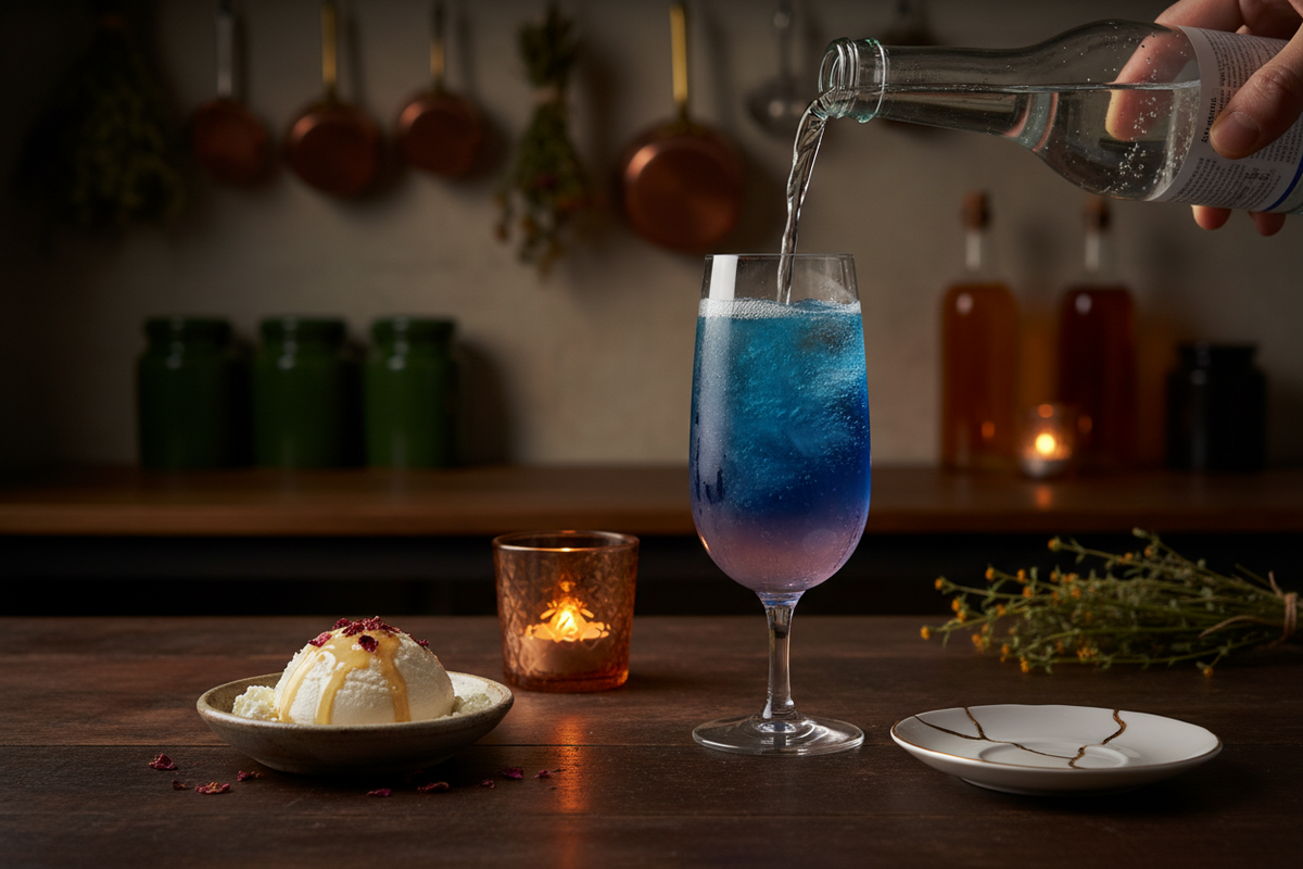 A glass of blue gin turning pink as tonic is poured, beside a dish of fresh ricotta and a gold mended saucer.