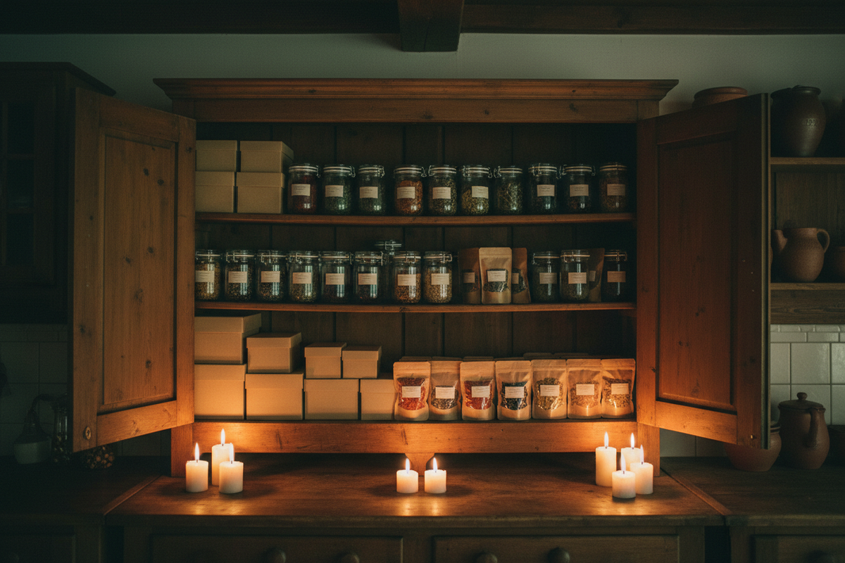 An open kitchen cupboard with neatly stacked kit boxes, labelled jars and resealable bags of dried ingredients.