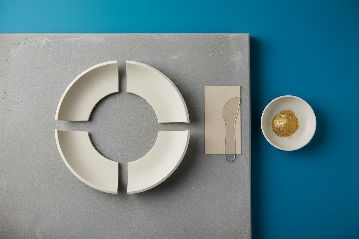 A broken ceramic bowl laid out in four pieces on a work surface beside a mixing card, a spreader and a small dish of gold powder.