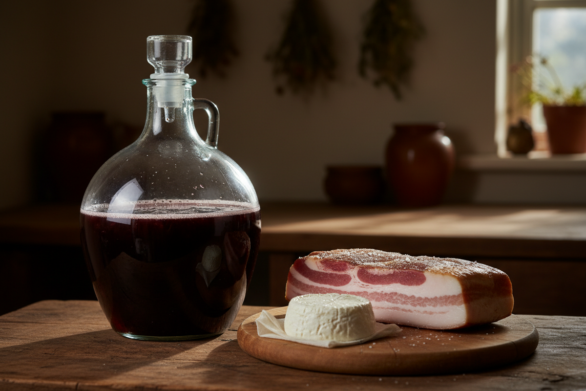 A demijohn of fruit wine bubbling through an airlock beside a slab of home cured bacon and a board of fresh cheese.