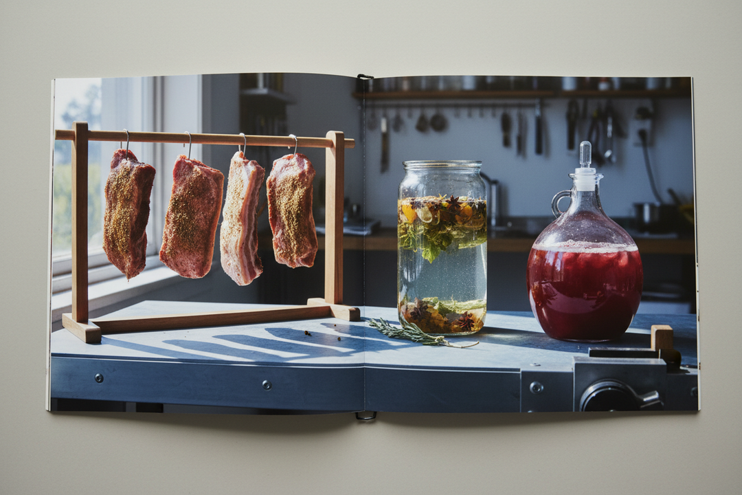 A garage workbench with a slab of curing pork belly on a rack, a jar of botanicals steeping in spirit and a demijohn with an airlock.