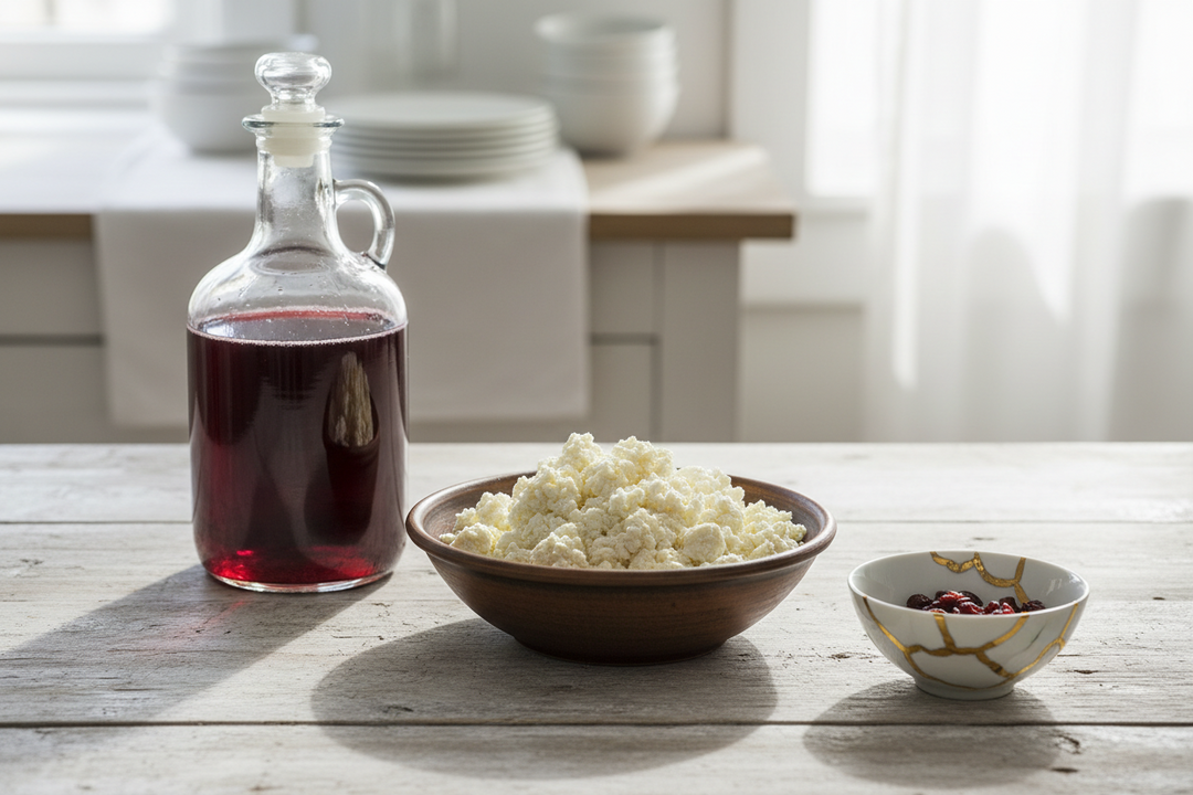 A kitchen table set out with a bowl of fresh curds, a demijohn of fruit wine and a mended china bowl with a gold seam.