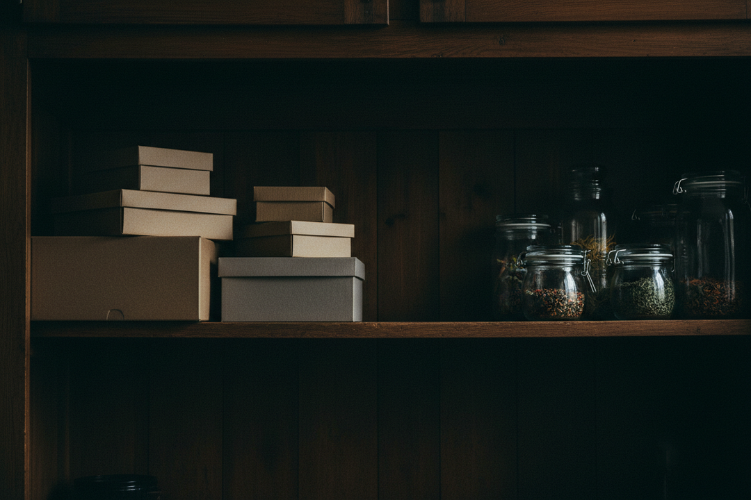 A row of unopened make your own kit boxes stacked neatly on a wooden kitchen cupboard shelf.