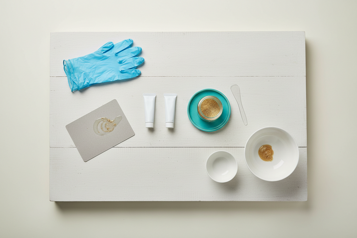 The contents of a kintsugi kit laid out on a table: two tubes of adhesive, a jar of gold powder, a spreader, a mixing card, gloves and two plain white bowls.