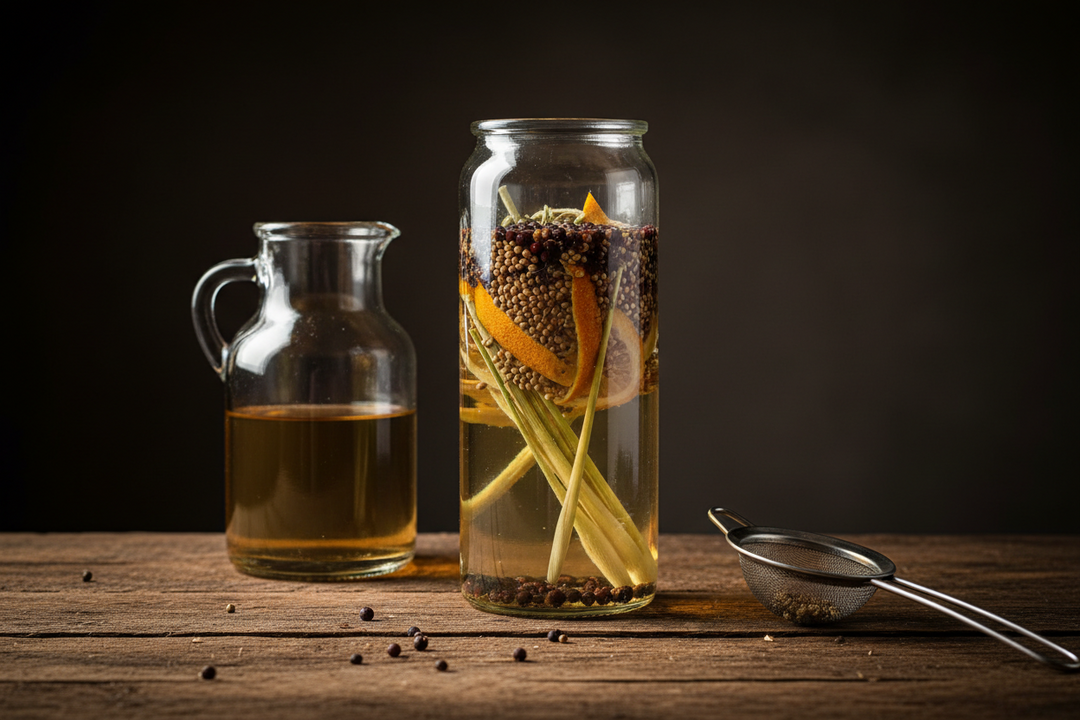 A tall jar of spirit steeping with juniper berries, coriander seed and citrus peel next to a jug and metal sieve on a kitchen table.