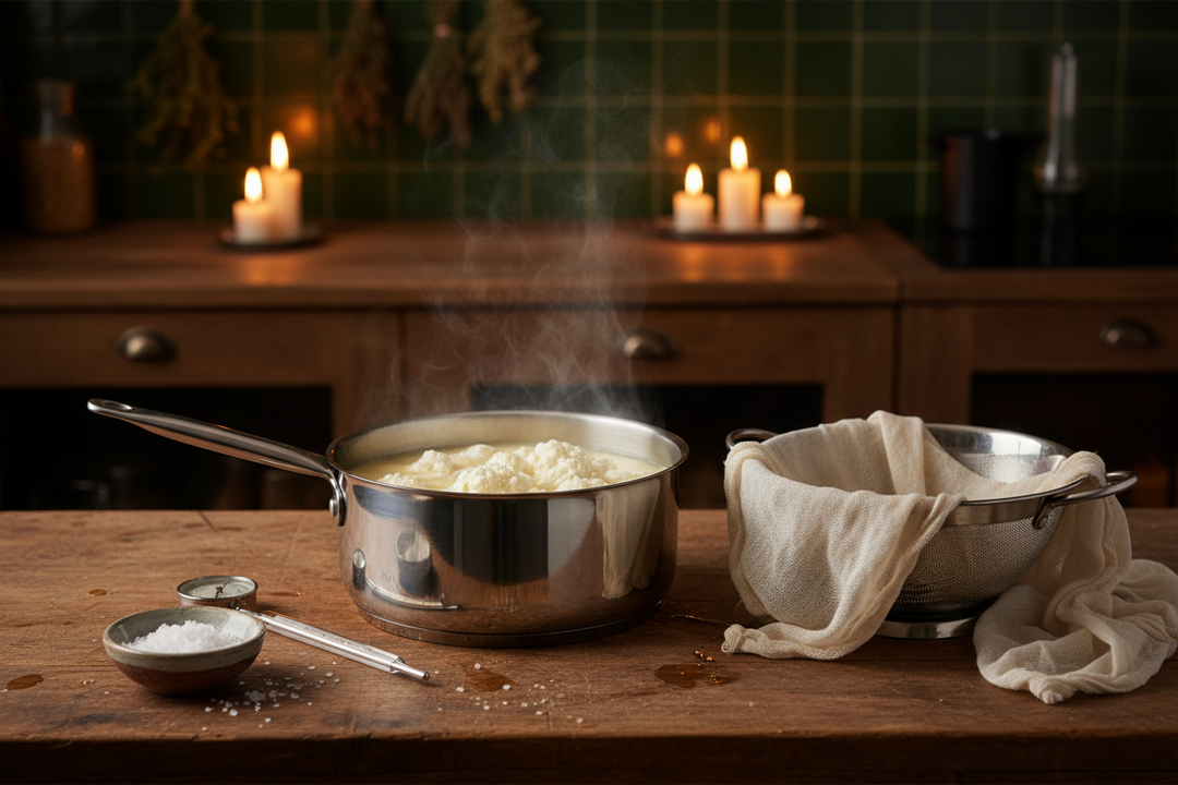 A stainless steel pan of warm milk splitting into white curds and pale whey, with a knife resting on the rim beside a colander lined with cheesecloth.