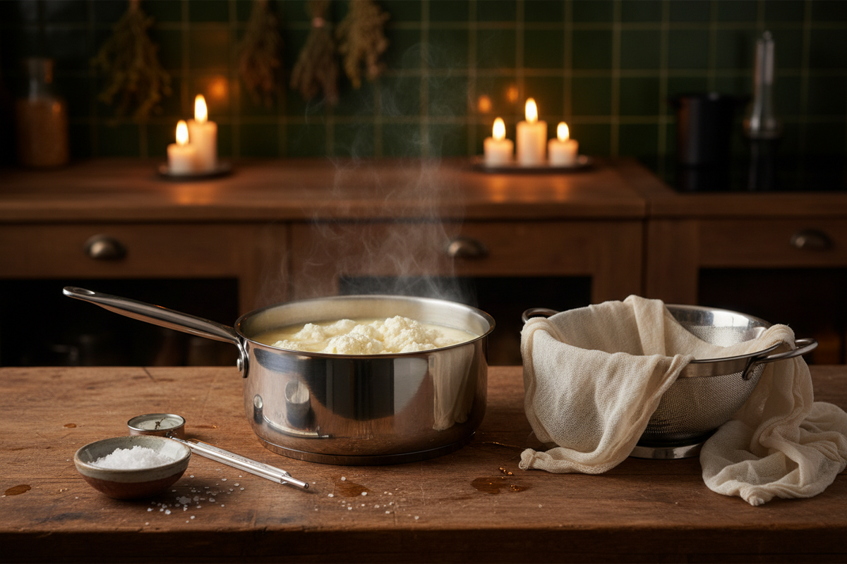 A stainless steel pan of warm milk splitting into white curds and pale whey, with a knife resting on the rim beside a colander lined with cheesecloth.