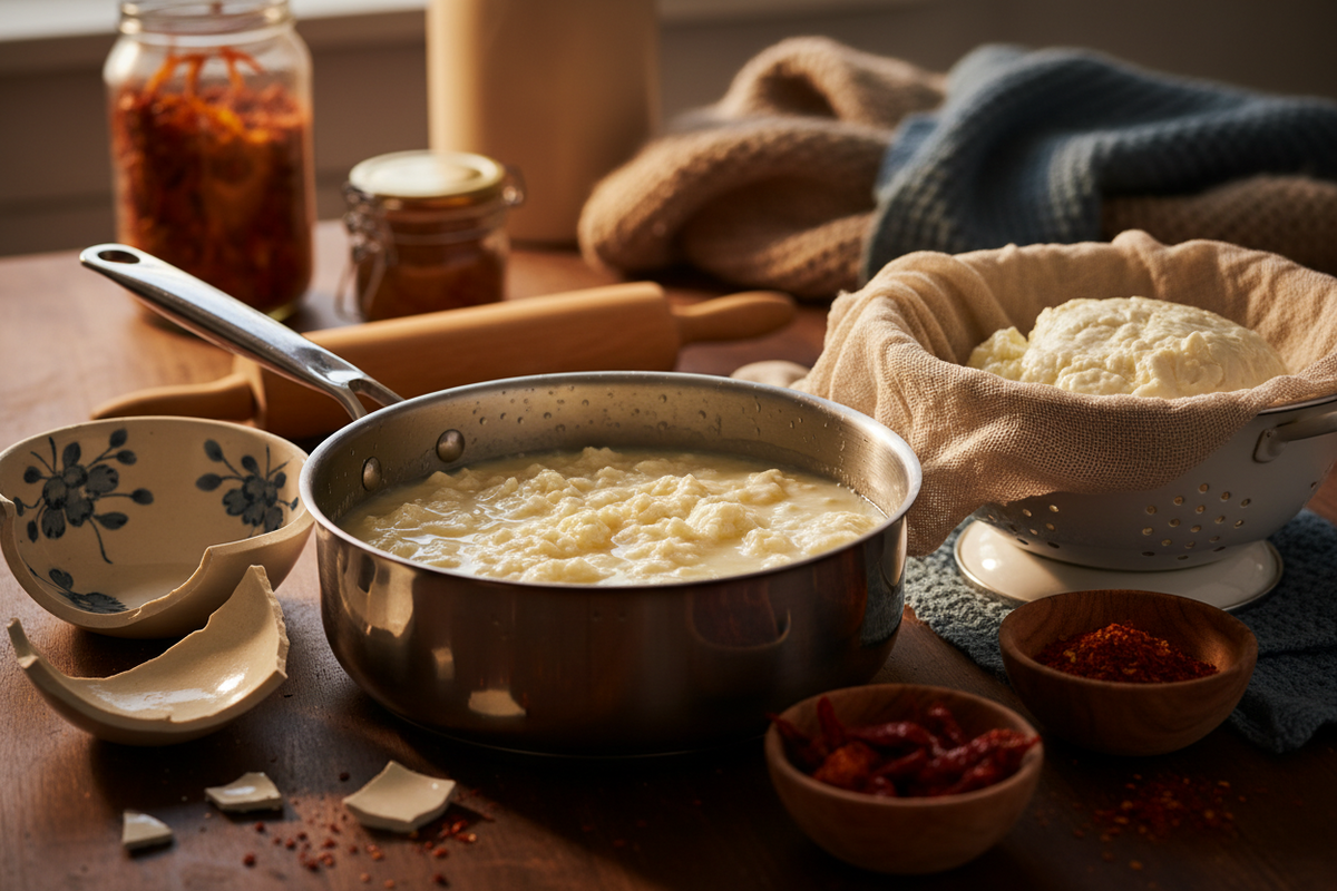 A busy kitchen table on a winter afternoon with a pan of curds, bowls of dried chillies and a broken bowl waiting to be mended.