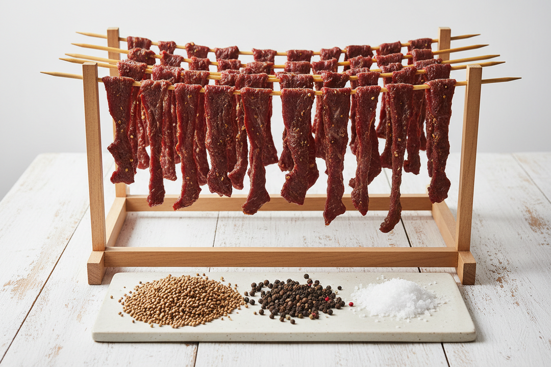 Strips of spiced beef hanging from skewers to dry, with a wooden board of coriander seed and black pepper below.