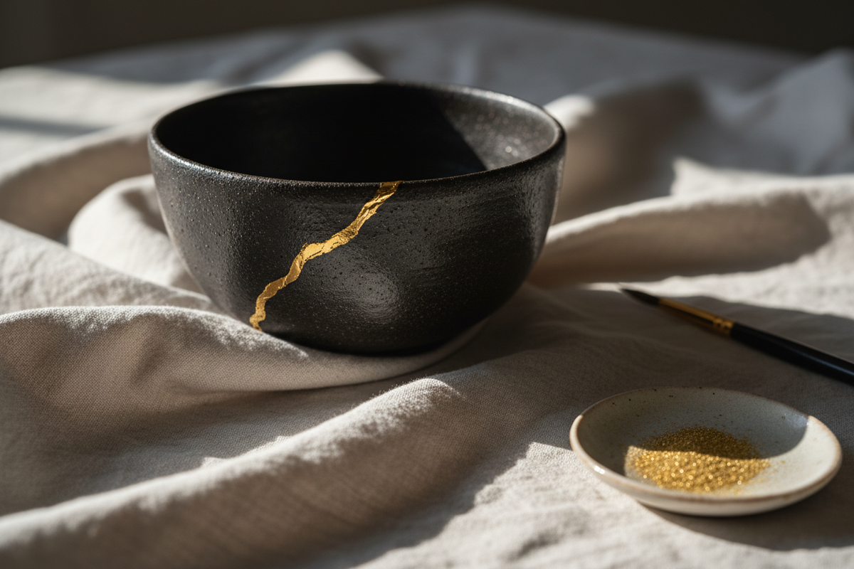 A dark ceramic bowl with a bold gold repair seam standing on a linen cloth next to a small brush and a dish of gold powder.