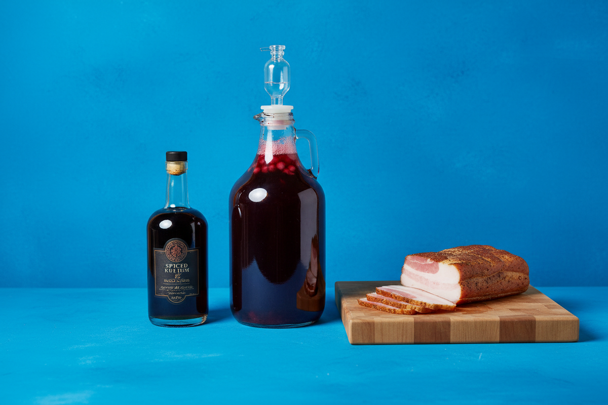 A demijohn of fruit wine with an airlock beside a bottle of home spiced rum and a board of home cured bacon.