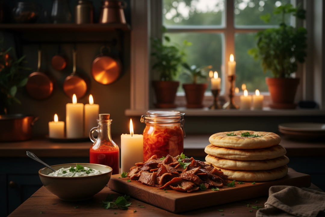 A carved doner kebab on a board with flatbreads, beside a jar of kimchi and a bottle of homemade chilli sauce.