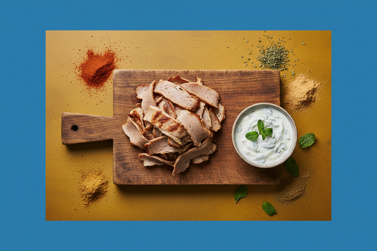 Thin carved slices of homemade doner kebab on a board with a bowl of yoghurt and mint sauce and a scattering of spices.