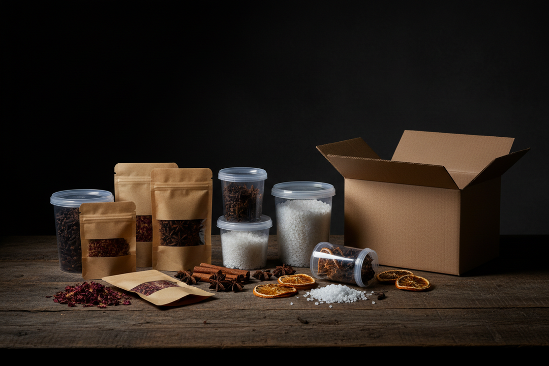 Opened sachets of dried botanicals, spices and curing salt resealed in grip-seal bags and labelled tubs on a worktop.