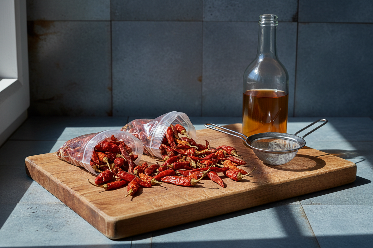Whole dried chillies of several varieties spilling from resealable bags onto a wooden board beside a bottle of cider vinegar.
