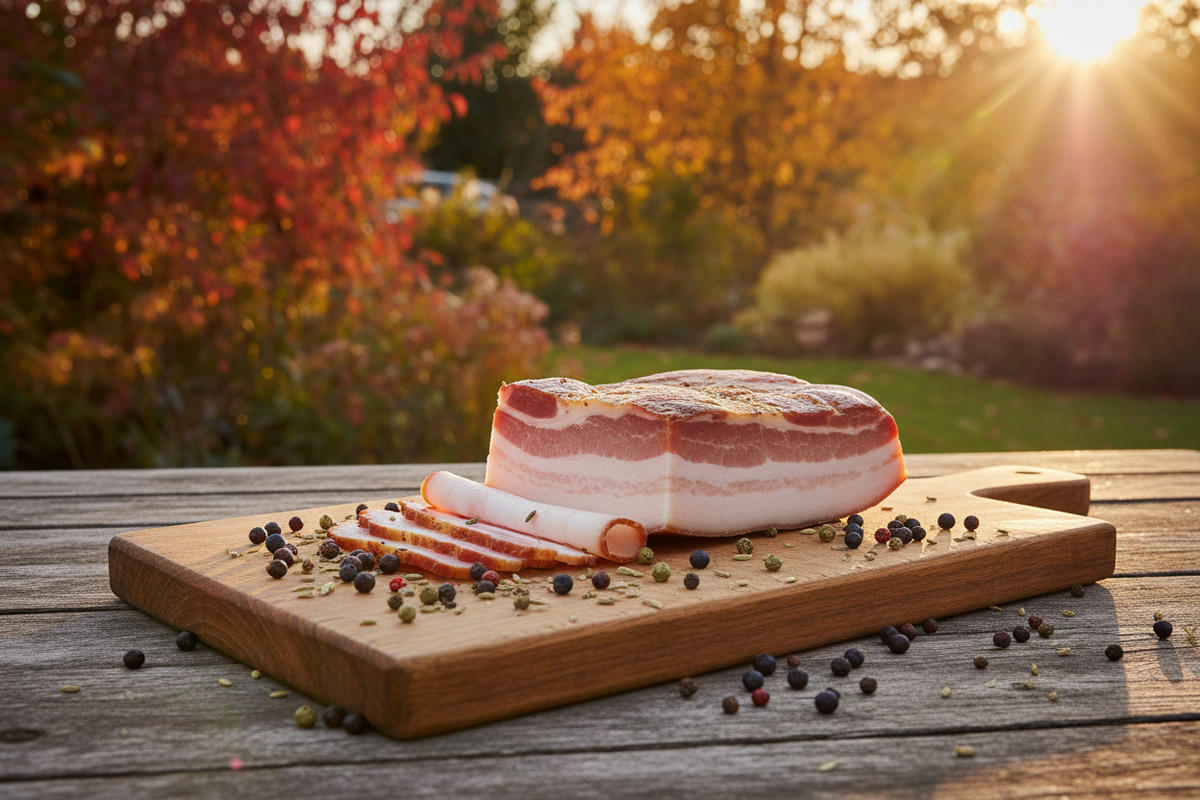 A slab of home dry cured streaky bacon on a wooden board with a few cut rashers and scattered juniper berries and peppercorns.