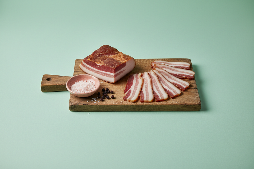 Rashers of dry cured streaky bacon on a wooden board beside a small dish of curing salt.