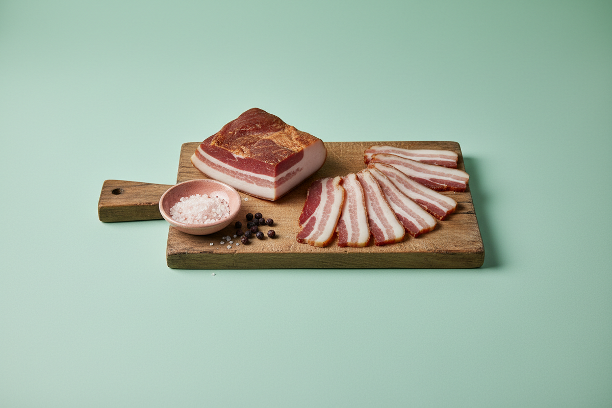 Rashers of dry cured streaky bacon on a wooden board beside a small dish of curing salt.