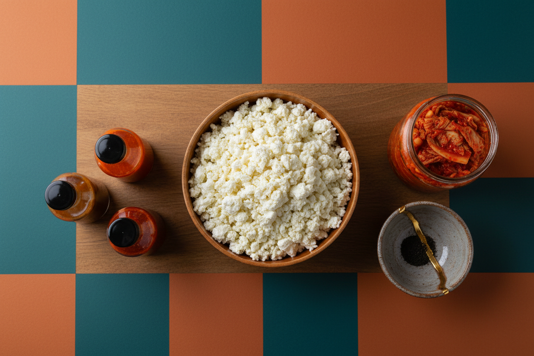 A kitchen table with a bowl of fresh curds, small bottles of chilli sauce, a jar of kimchi and a gold-repaired ceramic bowl.