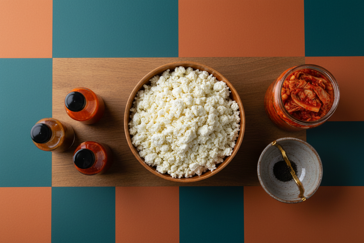 A kitchen table with a bowl of fresh curds, small bottles of chilli sauce, a jar of kimchi and a gold-repaired ceramic bowl.