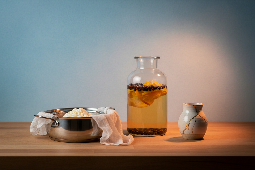 A kitchen worktop in the evening with a jar of gin infusing, a pan of warm curds and a gold mended jug beside it.