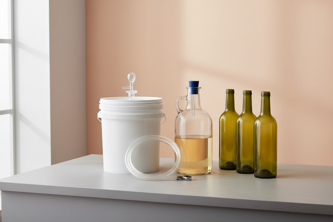 A white food grade fermenting bucket with a lidded airlock beside a glass demijohn, siphon tubing and empty wine bottles on a worktop.