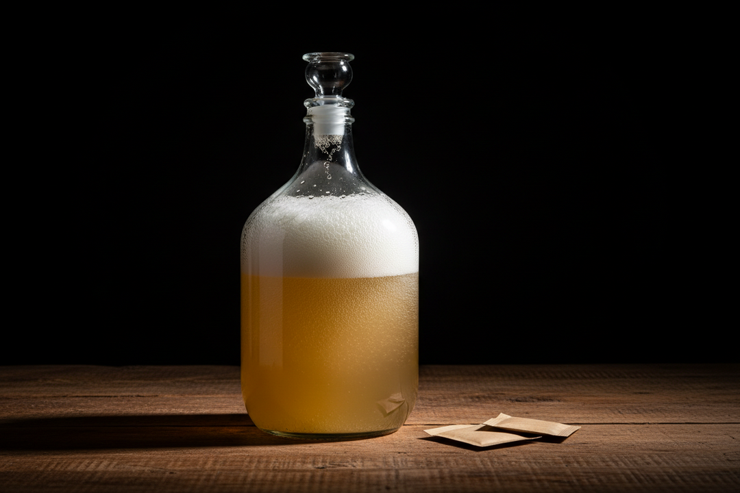 A demijohn of pale fruit wine fermenting with a foamy head, an airlock on top and small sachets of yeast and nutrient on the table beside it.