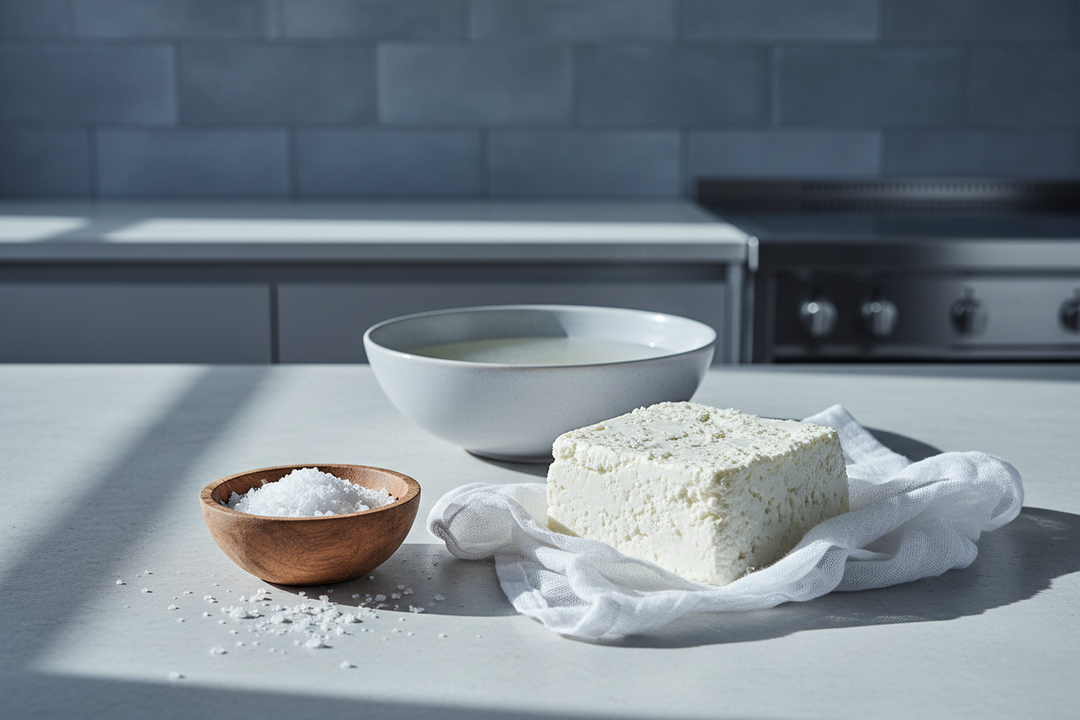 A small wooden bowl of white salt flakes beside a block of pressed white cheese draining in muslin on a kitchen worktop.