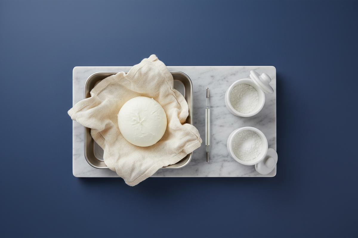A ball of fresh homemade mozzarella draining in muslin beside a thermometer and small pots of rennet and citric acid.