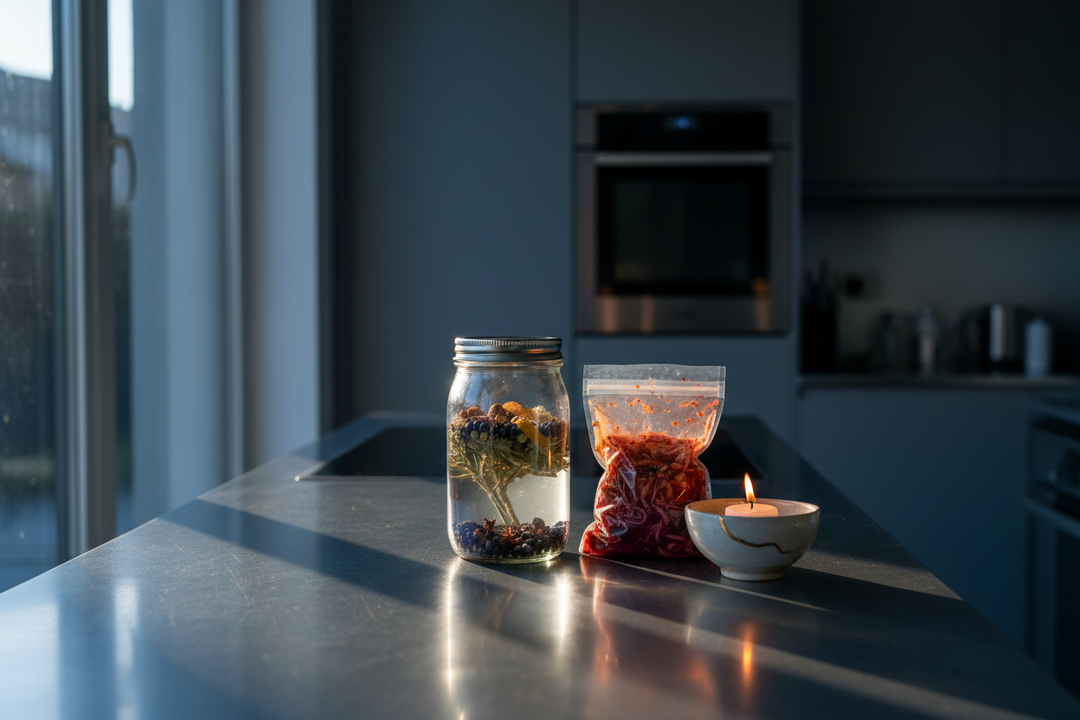 A narrow galley kitchen worktop with a jar of infusing botanicals, a bag of kimchi and a small mended bowl holding a tea light.