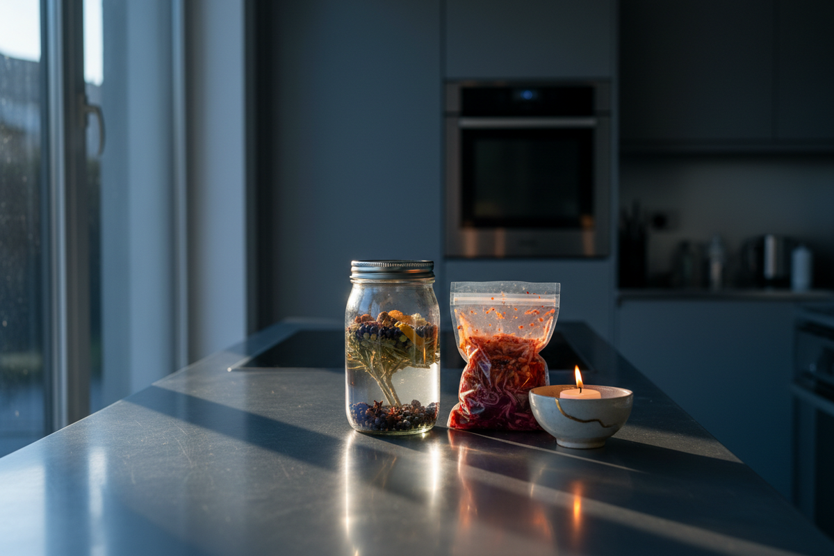 A narrow galley kitchen worktop with a jar of infusing botanicals, a bag of kimchi and a small mended bowl holding a tea light.