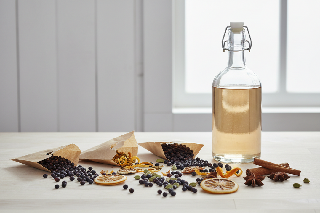 Dried juniper berries, citrus peel and botanicals in small open sachets beside a bottle of homemade gin on a kitchen worktop.