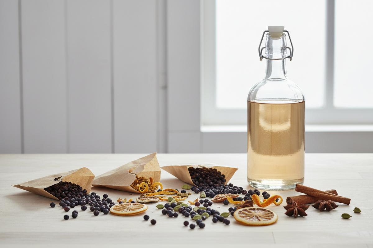 Dried juniper berries, citrus peel and botanicals in small open sachets beside a bottle of homemade gin on a kitchen worktop.