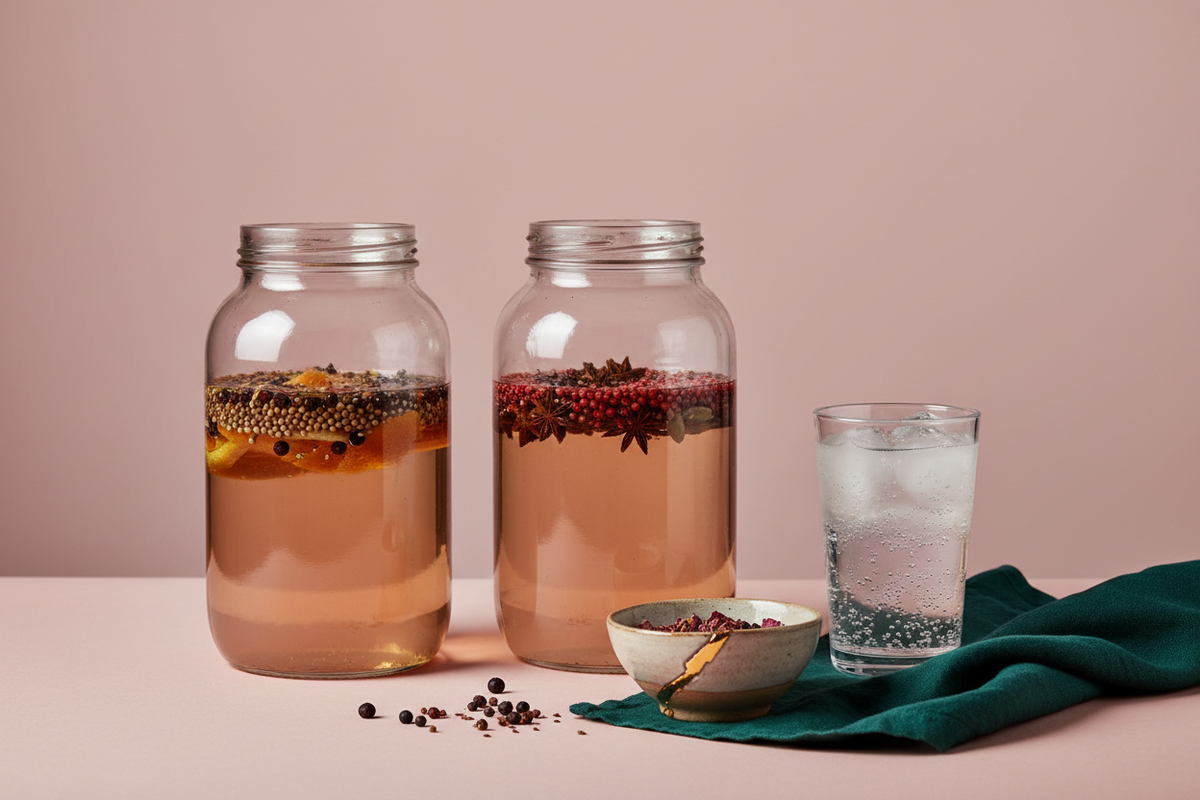 Two jars of gin botanicals infusing on a kitchen counter beside a mended bowl with a gold seam and a glass of tonic.
